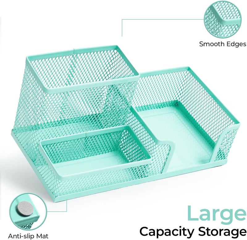 MG Mesh Pen Holder Desk Organizers Pencil Holder for Desk Light Blue, 3 Compartments Metal Office Supply Organizer with Sticky Notes Holder for Home Office - Image 3